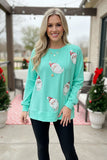 Christmas sequin santa pacth turqupoise long sleeve women blouse w/slit XCH16547 AS15
