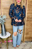 Gold bridle printed navy long sleeve crew women blouse XCH16568 FS8