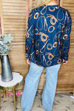 Gold bridle printed navy long sleeve crew women blouse XCH16568 FS8