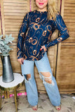 Gold bridle printed navy long sleeve crew women blouse XCH16568 FS8