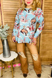 Wild west horse riding printed blue long sleeve women blouse XCH16597