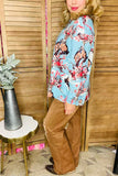 Wild west horse riding printed blue long sleeve women blouse XCH16597