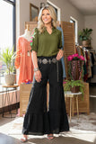 Trendy olive Green flower embroidery ruffle short sleeve women top XCH16633