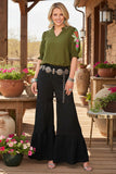 Trendy olive Green flower embroidery ruffle short sleeve women top XCH16633