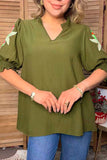 Trendy olive Green flower embroidery ruffle short sleeve women top XCH16633