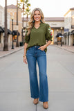 Trendy olive Green flower embroidery ruffle short sleeve women top XCH16633