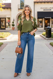 Trendy olive Green flower embroidery ruffle short sleeve women top XCH16633