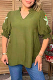 Trendy olive Green flower embroidery ruffle short sleeve women top XCH16633