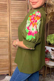 Trendy olive Green flower embroidery ruffle short sleeve women top XCH16633