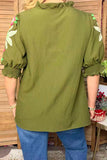 Trendy olive Green flower embroidery ruffle short sleeve women top XCH16633