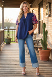 Wetern pink flower embroidery navy blue women's boutique top Southern Stitch XCH16730 (DSF)