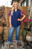 Wetern pink flower embroidery navy blue women's boutique top Southern Stitch XCH16730 (DSF)
