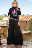 Chic floral embroidery black puff short sleeve women's boutique top XCH16738 CS4