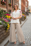 Ribbed knitted fabric puff embroidery short sleeves women top XCH16754