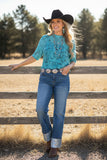 Western turquoise sheer women boutique top Southern Stitch XCH17024 IS6