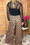 Restock--Western half leopard & checkered wide leg women's boutique pant XCH17046