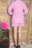 Southern Stitch Pink checkered long sleeve top & shorts 2pc women's set XCH16894
