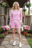 Southern Stitch Pink checkered long sleeve top & shorts 2pc women's set XCH16894