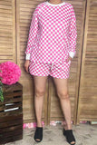 Southern Stitch Pink checkered long sleeve top & shorts 2pc women's set XCH16894