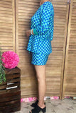Southern Stitch Blue & mint checkered long sleeve top & shorts 2pc women's set XCH17051