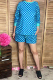Southern Stitch Blue & mint checkered long sleeve top & shorts 2pc women's set XCH17051
