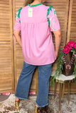 Chic green floral pink ruffle short sleeve women's boutique top Southern Stitch XCH17054