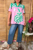 Chic green floral pink ruffle short sleeve women's boutique top Southern Stitch XCH17054