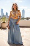 Western washed denim patchwork wide leg women's boutique jeans Southern Stitch XCH17283