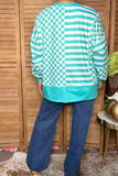 Trendy turquoise patchwork checkered & stripes women's boutique top XCH17289