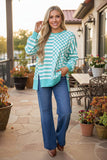 Trendy turquoise patchwork checkered & stripes women's boutique top XCH17289