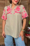 Trendy pink floral embroidery tan checkered women's boutique top Southern Stitch XCH17369