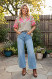 Trendy pink floral embroidery tan checkered women's boutique top Southern Stitch XCH17369
