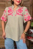 Trendy pink floral embroidery tan checkered women's boutique top Southern Stitch XCH17369