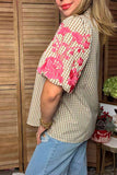 Trendy pink floral embroidery tan checkered women's boutique top Southern Stitch XCH17369