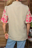 Trendy pink floral embroidery tan checkered women's boutique top Southern Stitch XCH17369