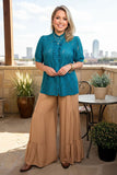 Western teal lace sheer ruffle short sleeve women's boutique top XCH17377