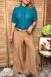 Western teal lace sheer ruffle short sleeve women's boutique top XCH17377
