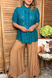 Western teal lace sheer ruffle short sleeve women's boutique top XCH17377