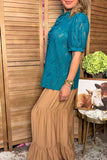 Western teal lace sheer ruffle short sleeve women's boutique top XCH17377
