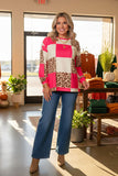 Western leopard & pink checkered long sleeve women's boutique top Southern Stitch XCH17400