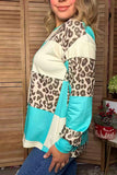 Western leopard & turquoise checkered long sleeve women's boutique top Southern Stitch XCH17401