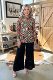 Western checkered sheer long sleeve women's boutique top Southern Stitch XCH17409