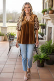 Chic cream floral embroidery brown velvet women's boutique top Southern Stitch XCH17451