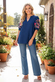 Trendy floral embroidery short sleeve blue women's boutique top Southern Stitch XCH17560