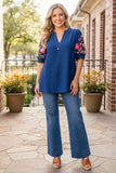 Trendy floral embroidery short sleeve blue women's boutique top Southern Stitch XCH17560