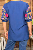 Trendy floral embroidery short sleeve blue women's boutique top Southern Stitch XCH17560