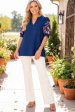 Trendy floral embroidery short sleeve blue women's boutique top Southern Stitch XCH17560 (DS1)