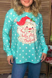 Christmas santa turquoise dots long sleeve women's boutique top Southern Stitch XCH17773