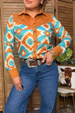 Western aztec print & brown suede long sleve women's boutique top YDG17572