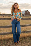 Western aztec print & brown suede long sleve women's boutique top YDG17572